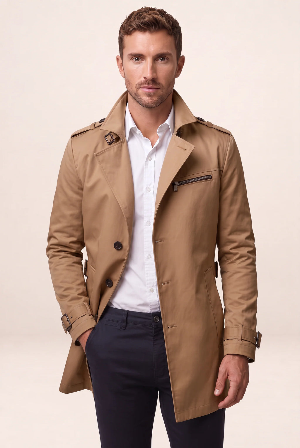 Classic Tailored Trench Coat Men | Adjustable Belt for Custom Fit | Versatile Outerwear for Sharp Style