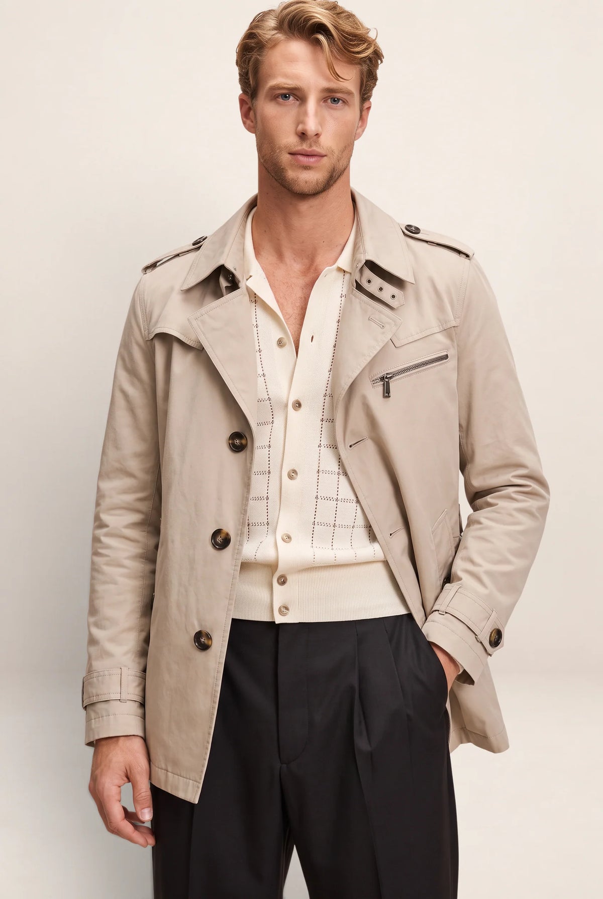 Classic Trench Coat Men | Double Breasted Design with Adjustable Waist Tabs
