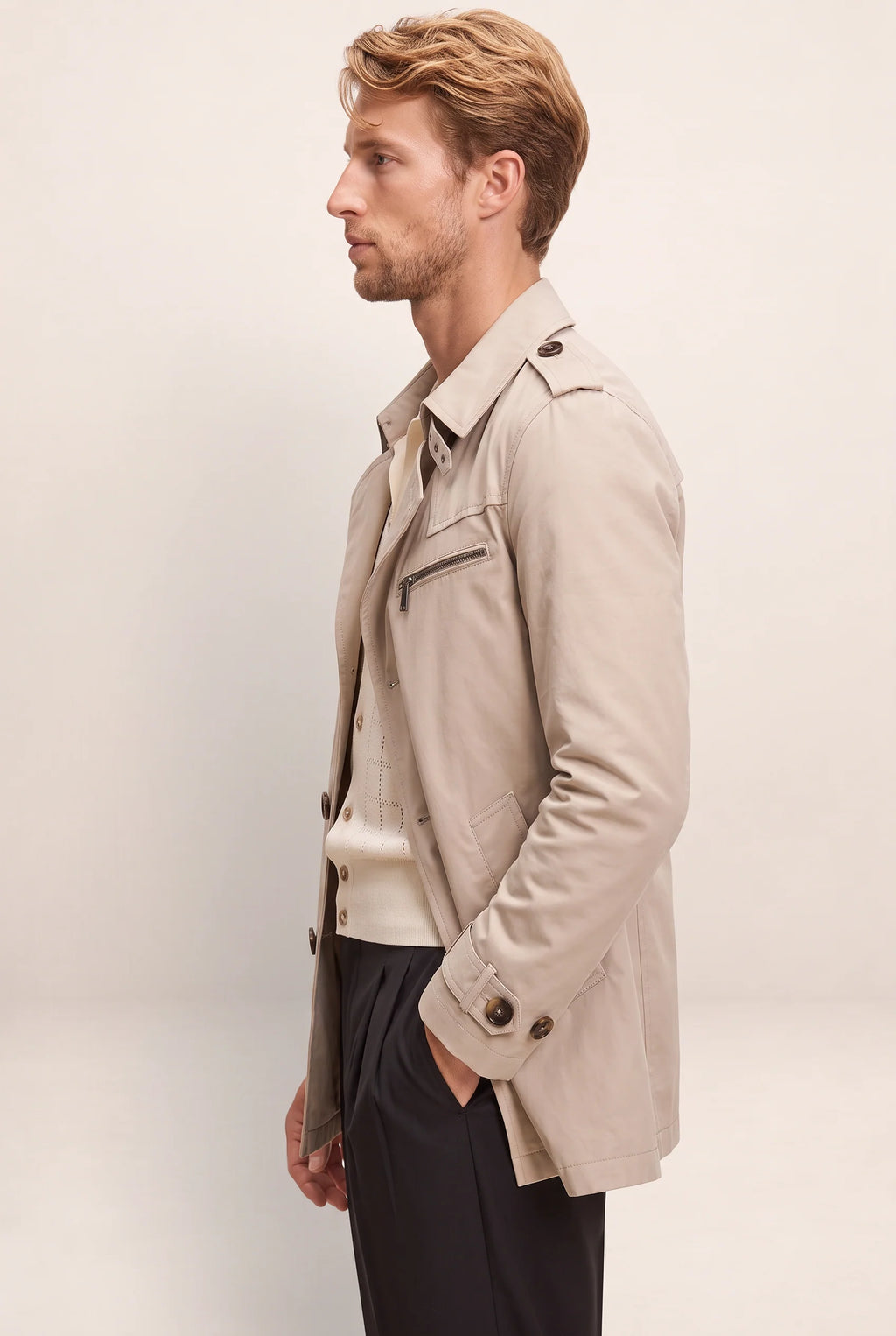 Classic Trench Coat Men | Double Breasted Design with Adjustable Waist Tabs