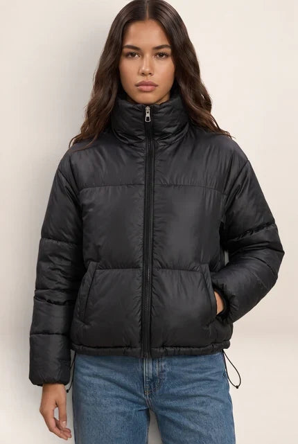 Cropped Puffer Jacket , Black High Neck Design with Adjustable Fit