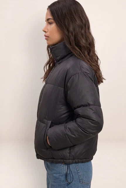 Cropped Puffer Jacket , Black High Neck Design with Adjustable Fit