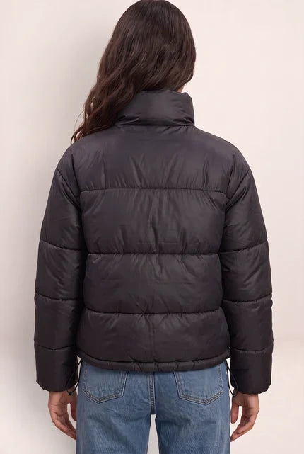 Cropped Puffer Jacket , Black High Neck Design with Adjustable Fit