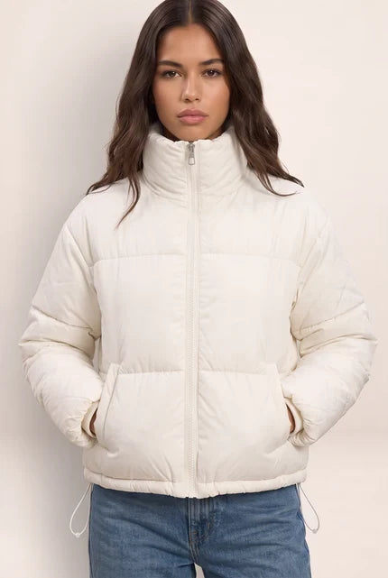 Cropped Puffer Jacket , Black High Neck Design with Adjustable Fit