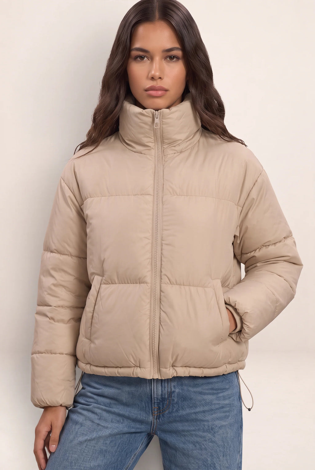 Cropped Puffer Jacket , Black High Neck Design with Adjustable Fit
