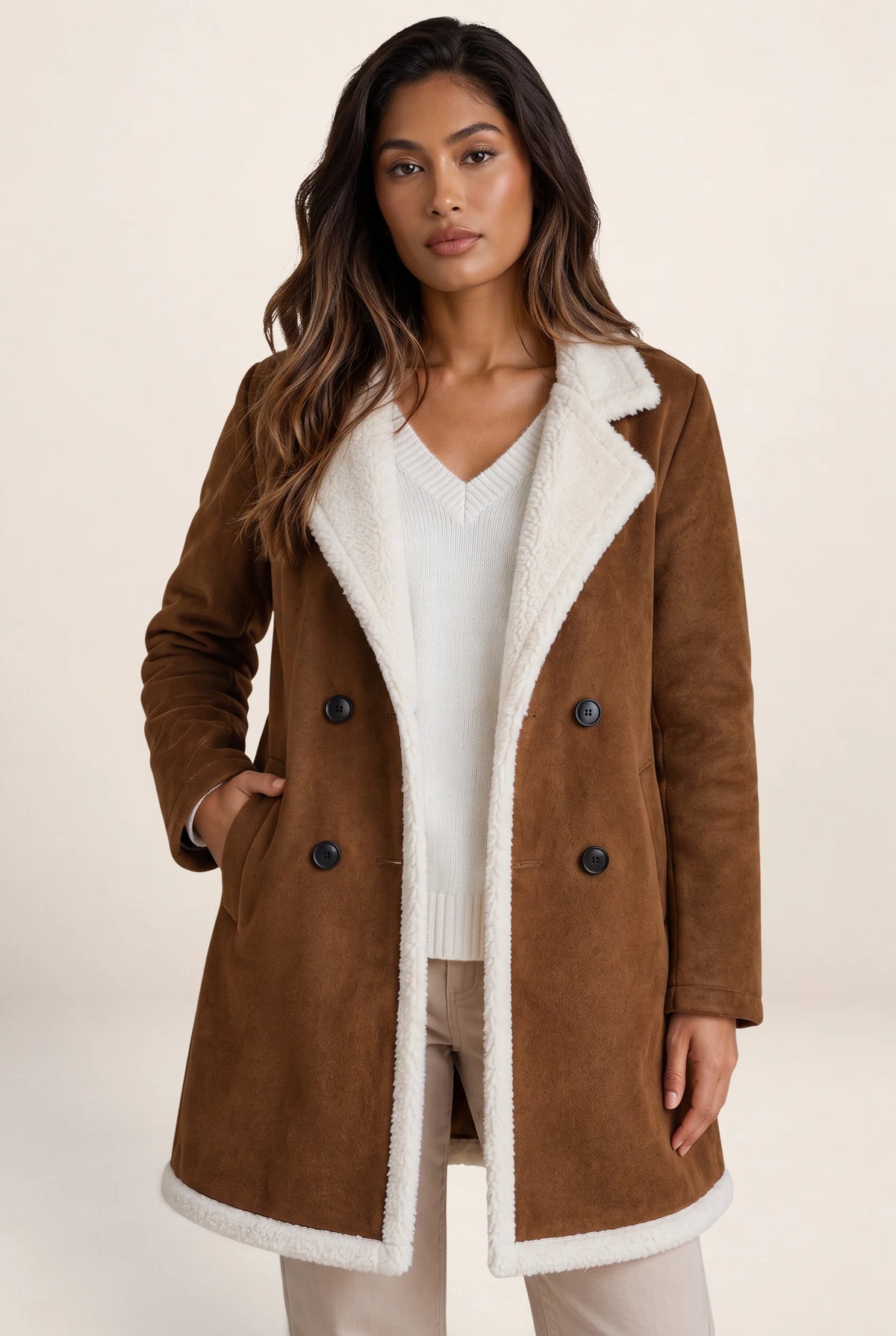 Elegant Longline Teddy Trim Coat with Suede Look for Ultimate Warmth