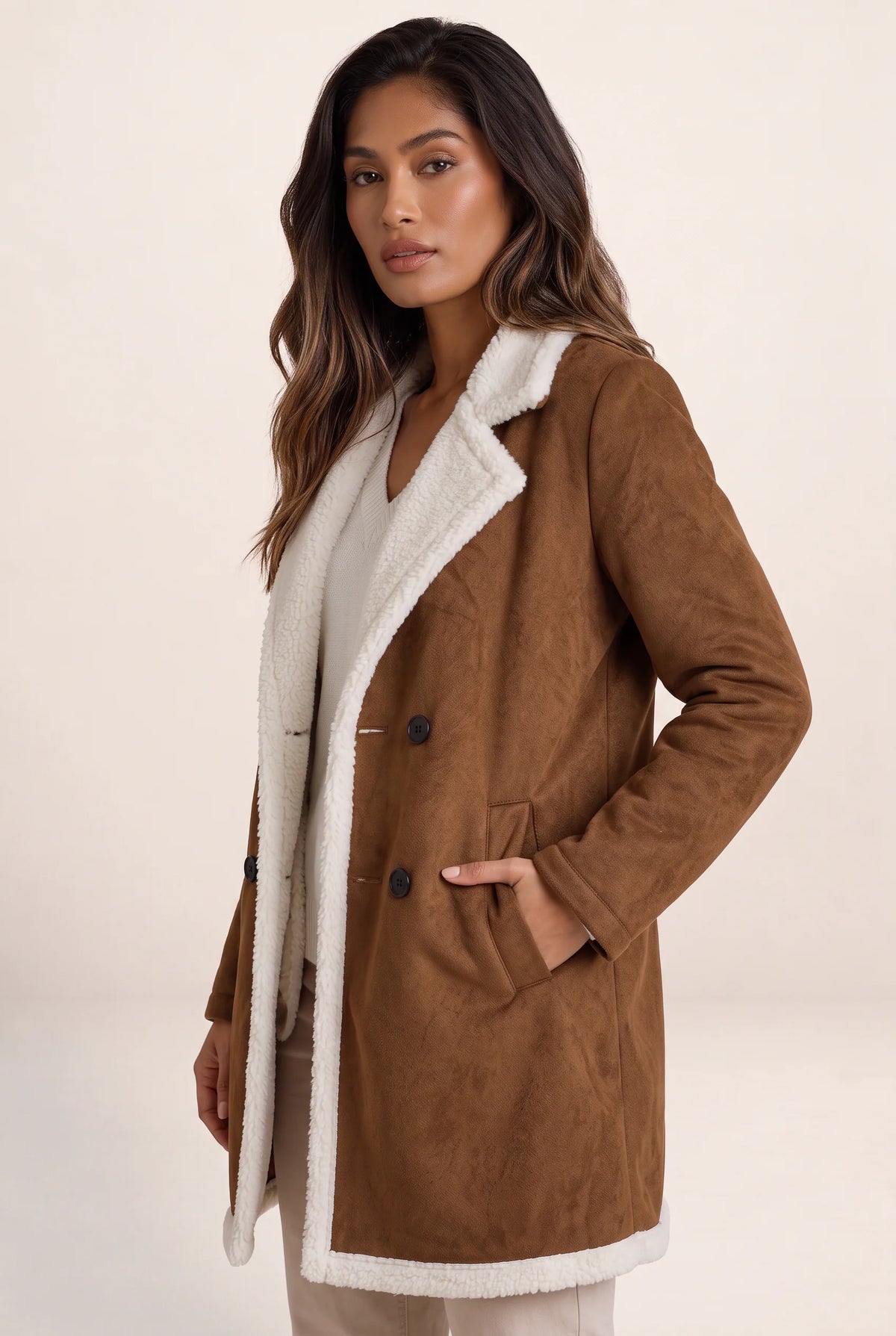 Elegant Longline Teddy Trim Coat with Suede Look for Ultimate Warmth