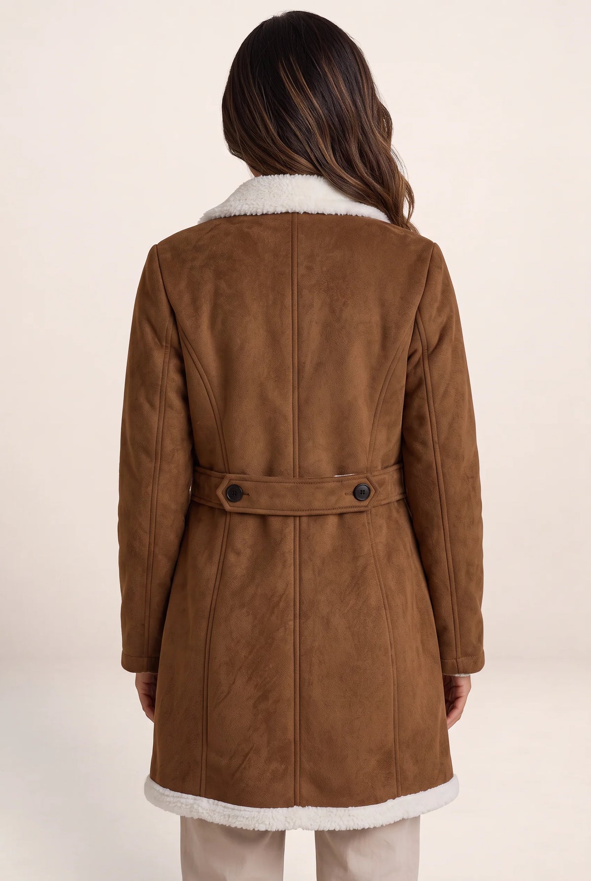 Elegant Longline Teddy Trim Coat with Suede Look for Ultimate Warmth