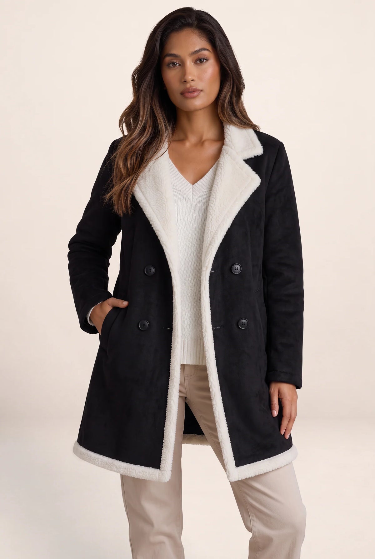 Elegant Longline Teddy Trim Coat with Suede Look for Ultimate Warmth