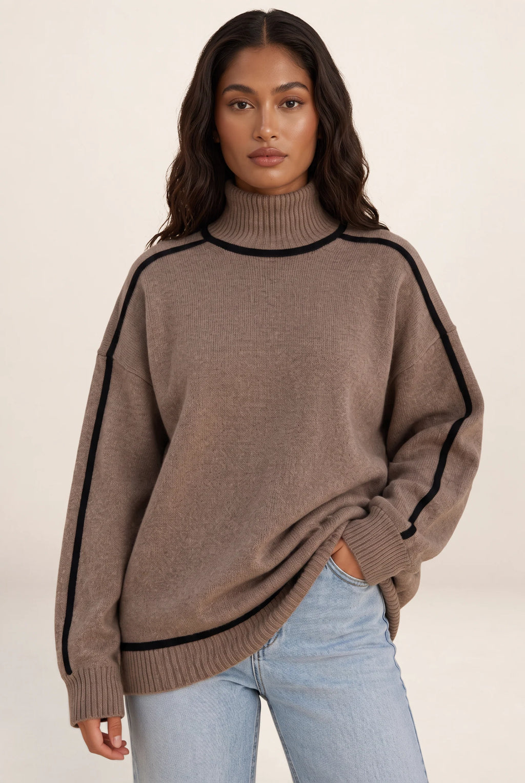 Elegant Oversized Roll Neck Jumper with Contrast Trim
