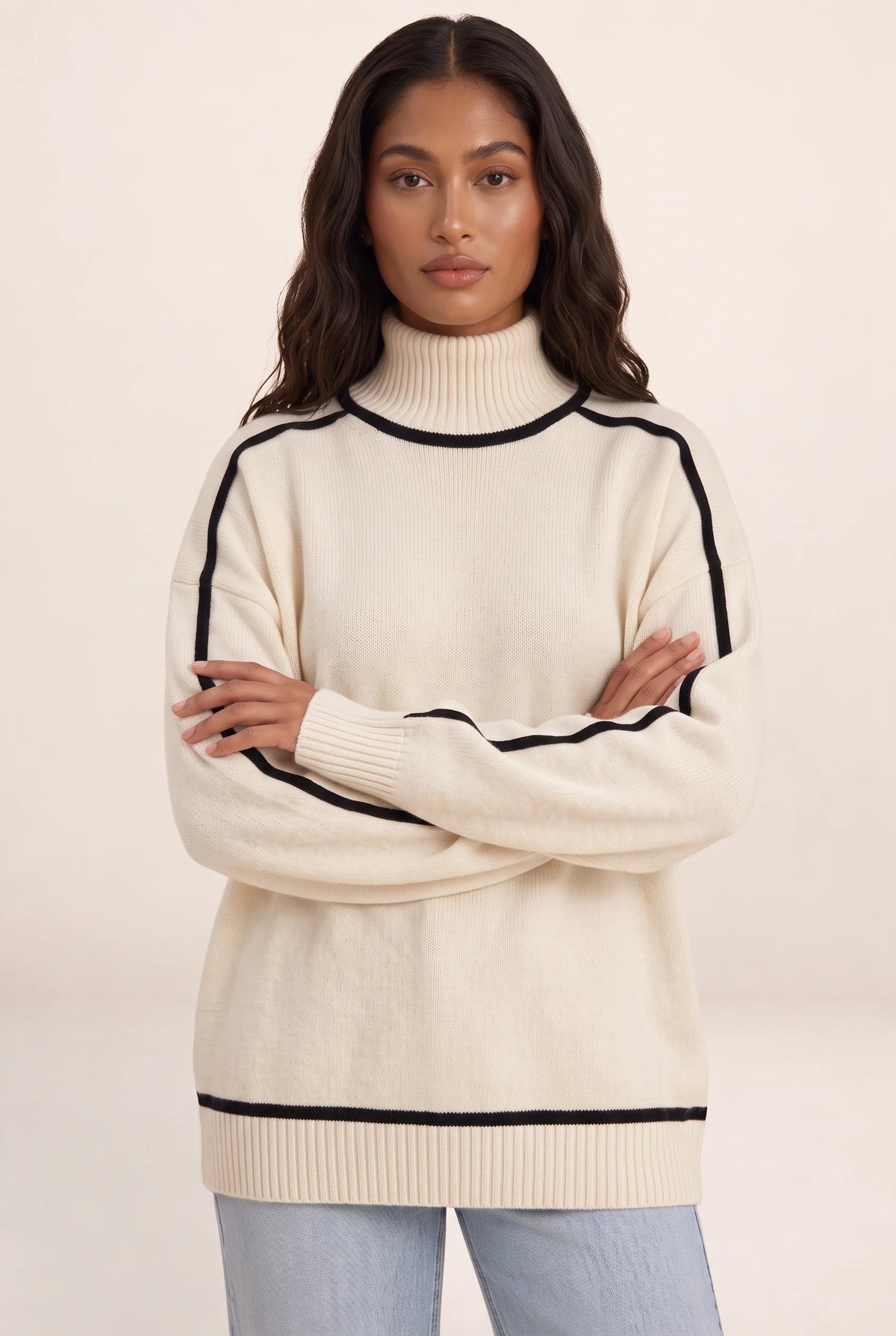 Elegant Oversized Roll Neck Jumper with Contrast Trim