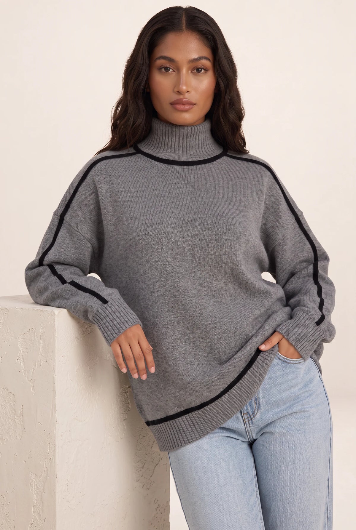 Elegant Oversized Roll Neck Jumper with Contrast Trim