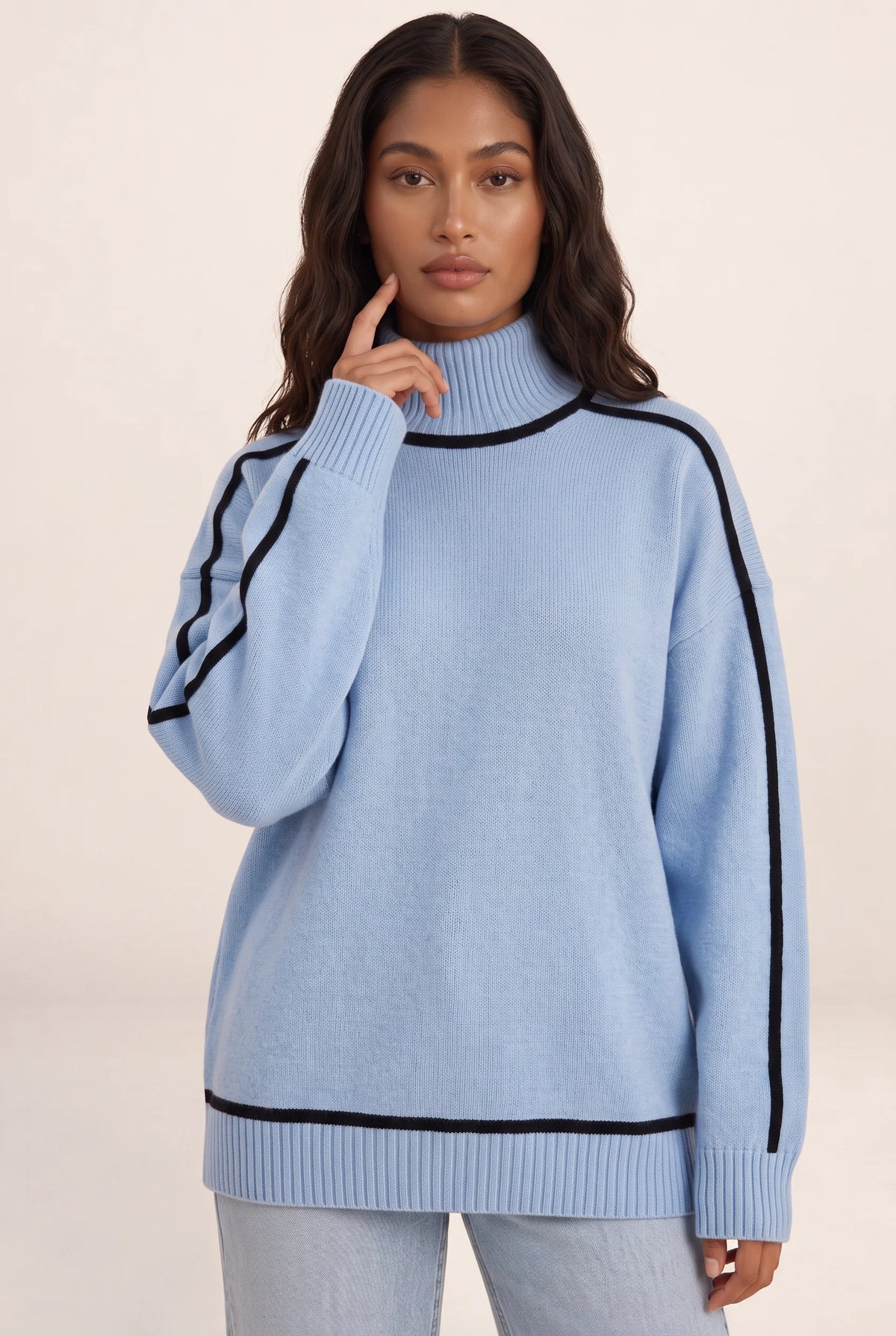 Elegant Oversized Roll Neck Jumper with Contrast Trim