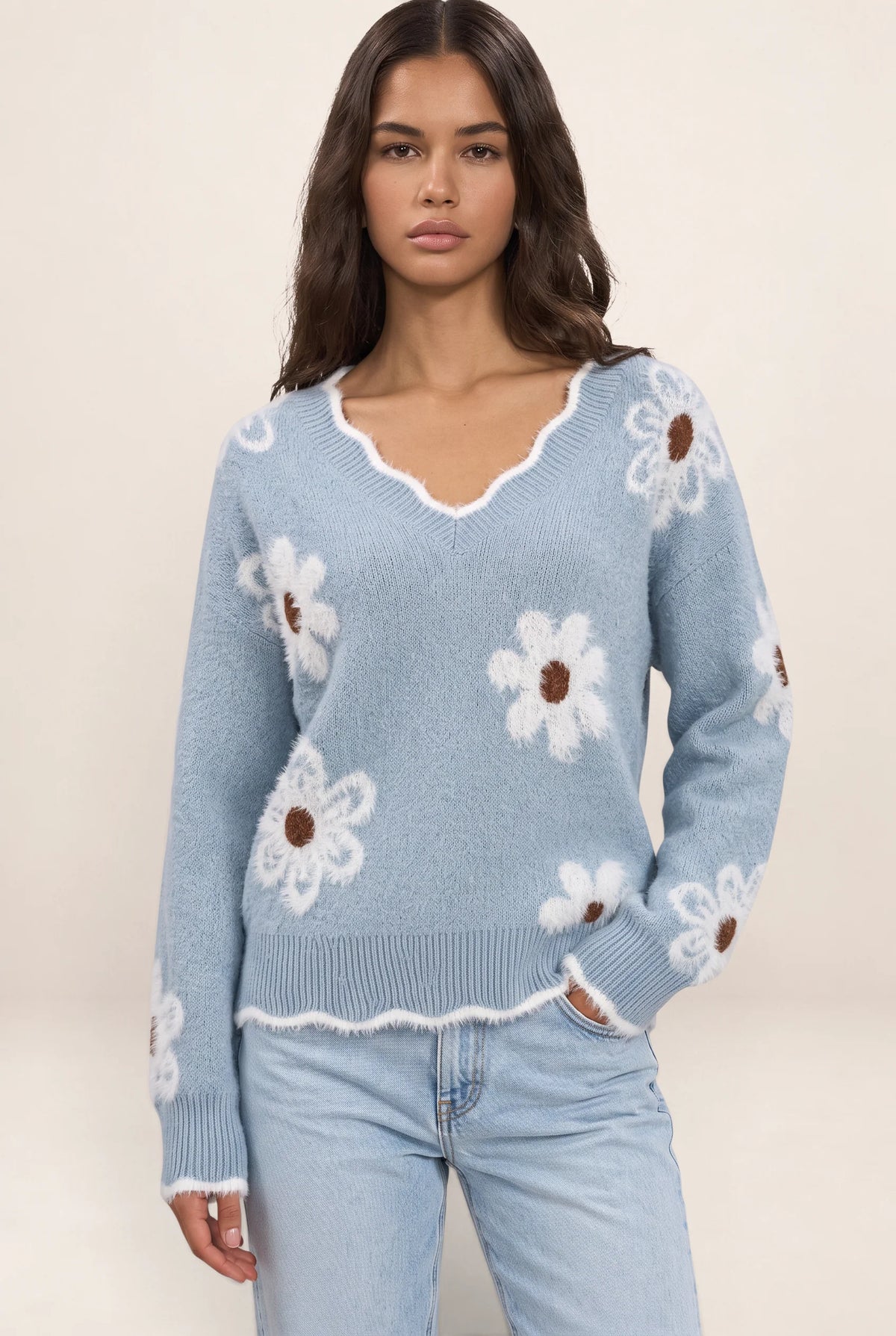 Floral V-Neck Jumper | Women's Soft Knit Casual Pullover with Textured Accents