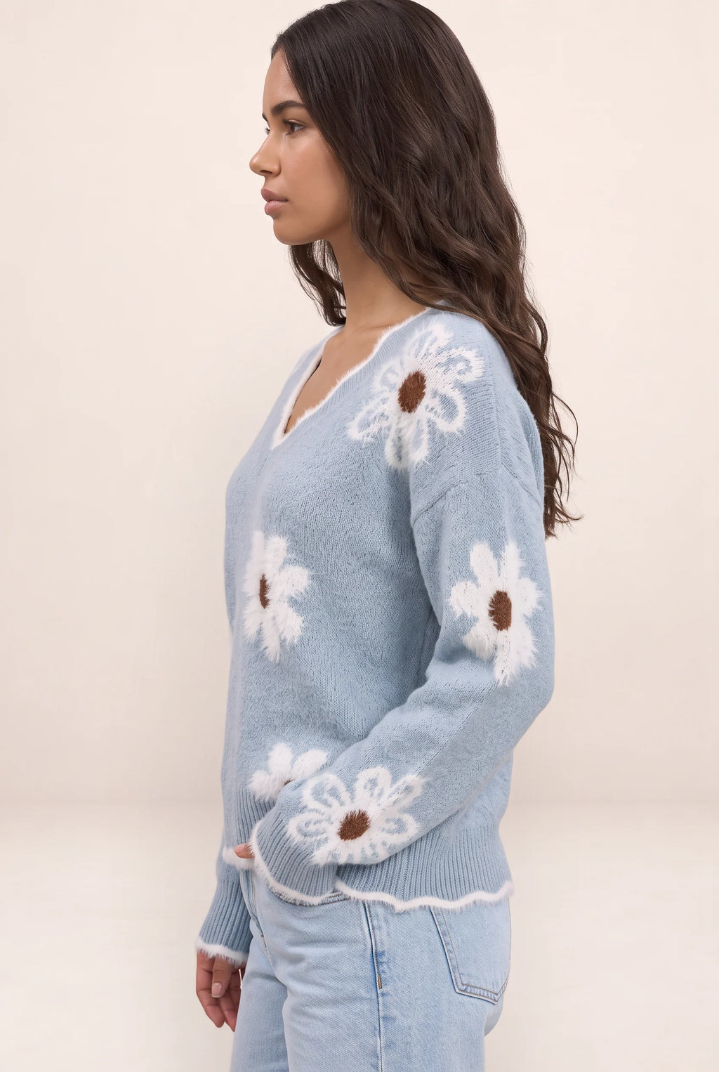 Floral V-Neck Jumper | Women's Soft Knit Casual Pullover with Textured Accents
