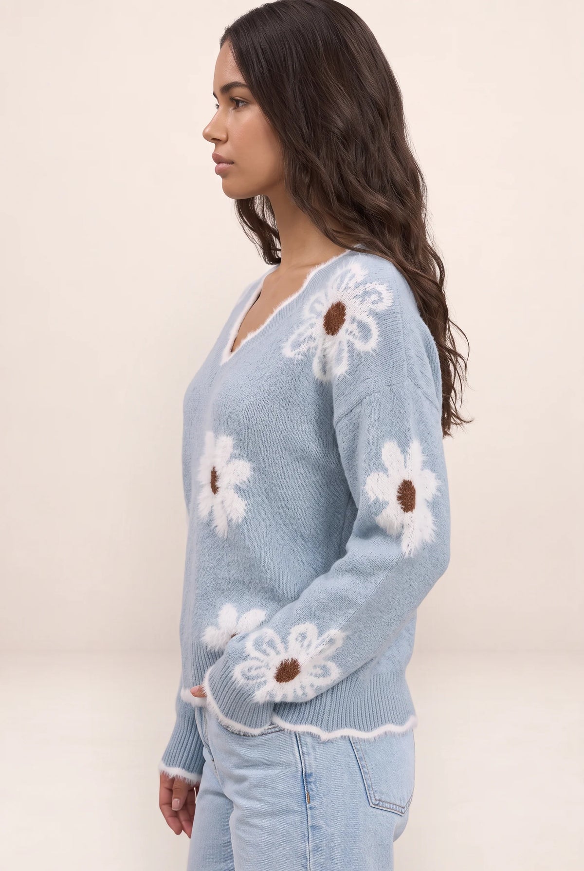 Floral V-Neck Jumper | Women's Soft Knit Casual Pullover with Textured Accents
