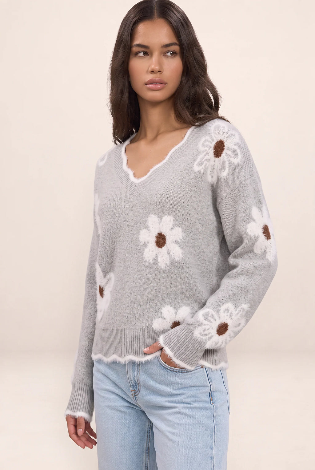 Floral V-Neck Jumper | Women's Soft Knit Casual Pullover with Textured Accents