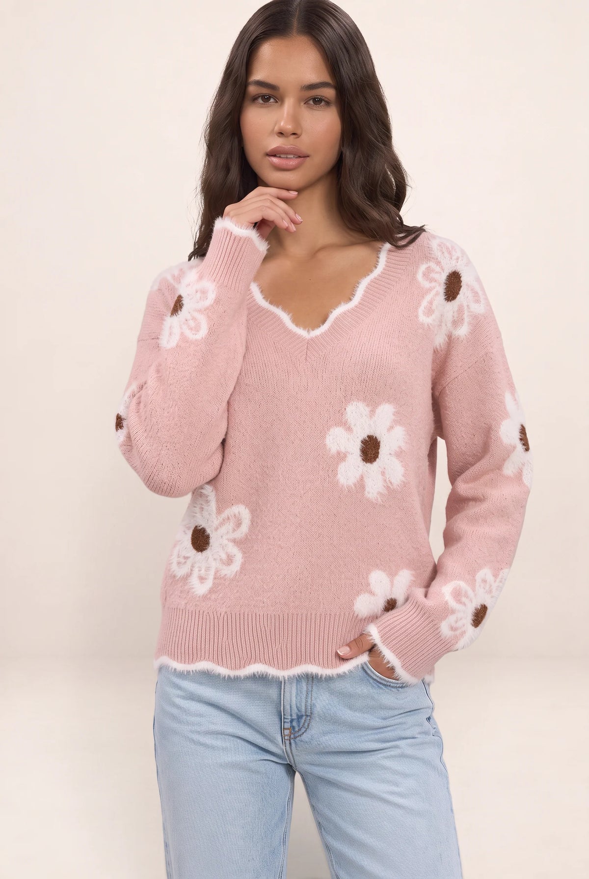 Floral V-Neck Jumper | Women's Soft Knit Casual Pullover with Textured Accents