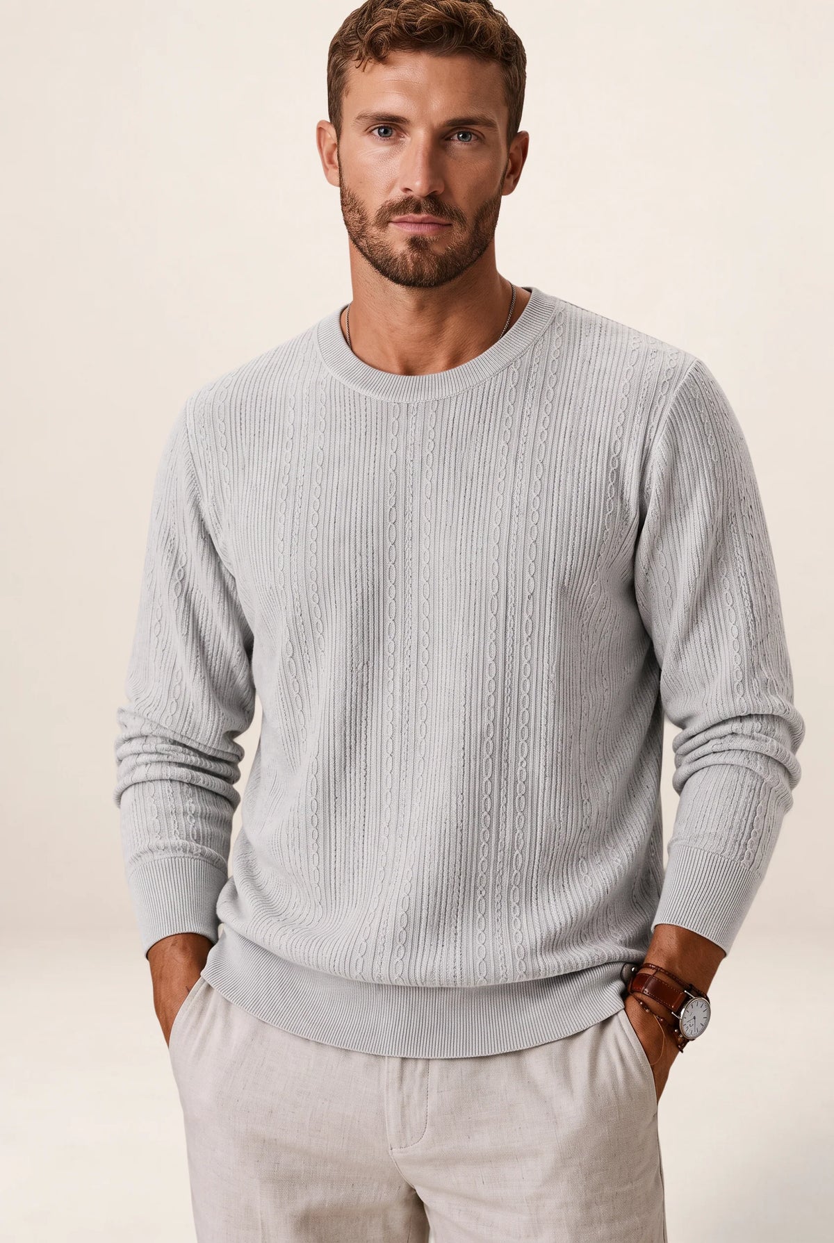 Men's Cable Knit Sweater – Crew Neck Textured Pullover