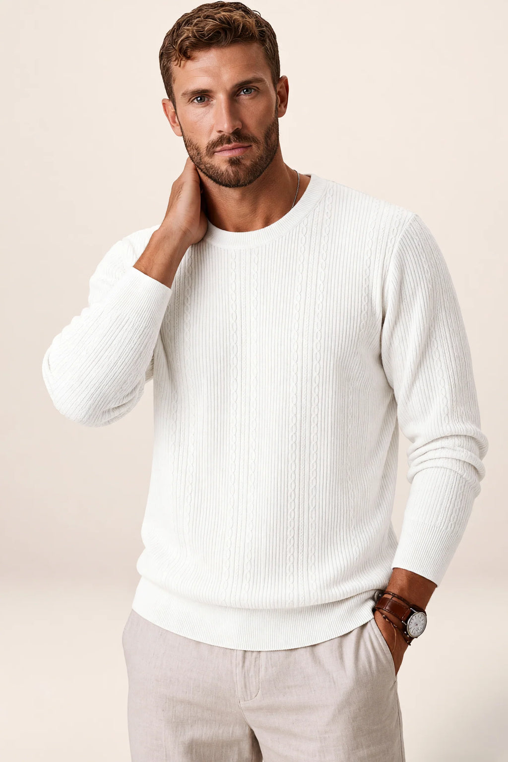 Men's Cable Knit Sweater – Crew Neck Textured Pullover