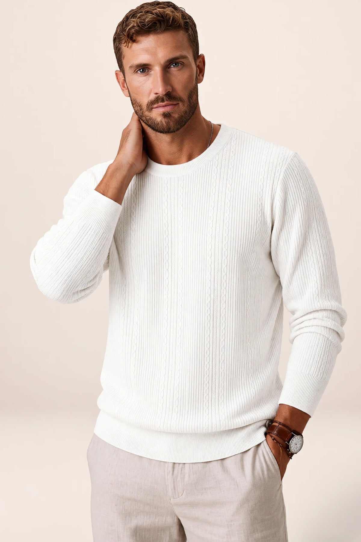 Men's Cable Knit Sweater – Crew Neck Textured Pullover