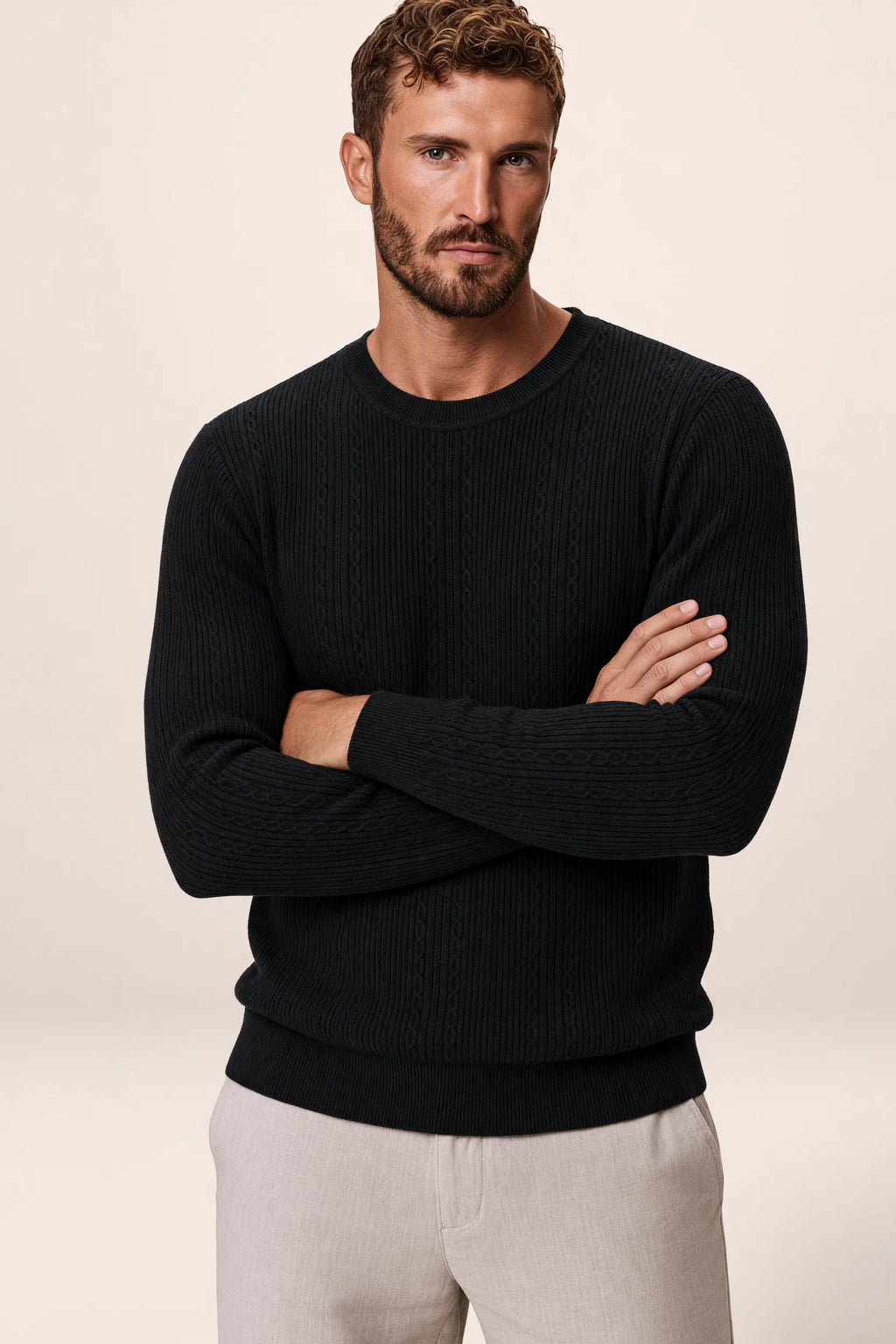 Men's Cable Knit Sweater – Crew Neck Textured Pullover