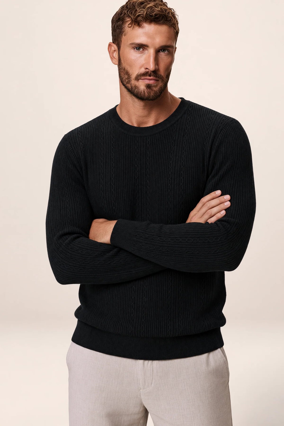 Men's Cable Knit Sweater – Crew Neck Textured Pullover