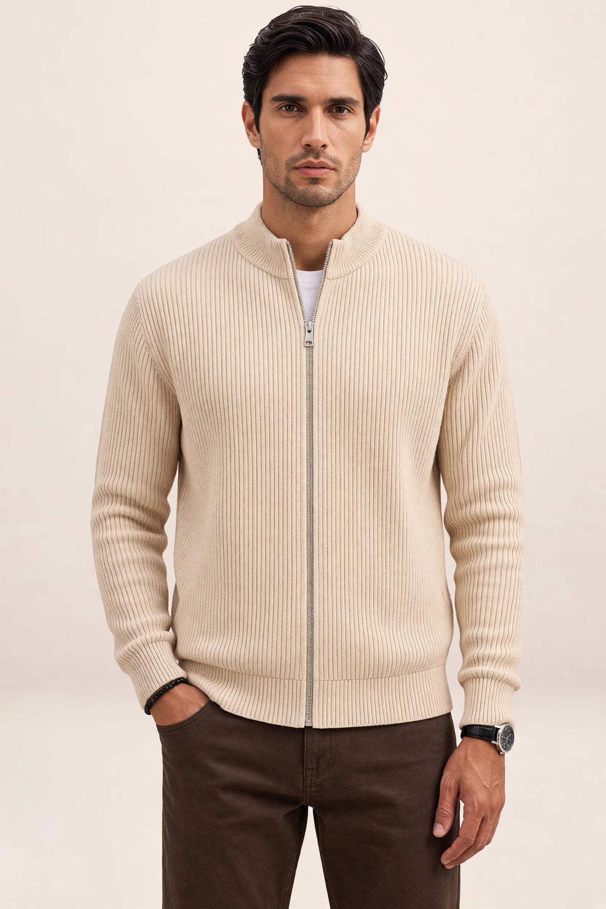 Men's Full Zip Knit Cardigan Sweater Ribbed Zip-Up Jacket