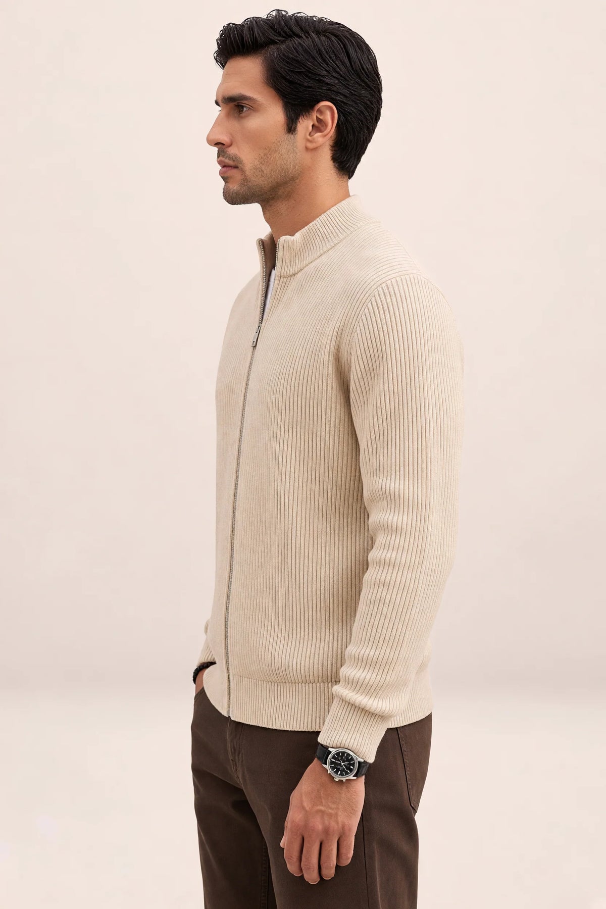 Men's Full Zip Knit Cardigan Sweater Ribbed Zip-Up Jacket