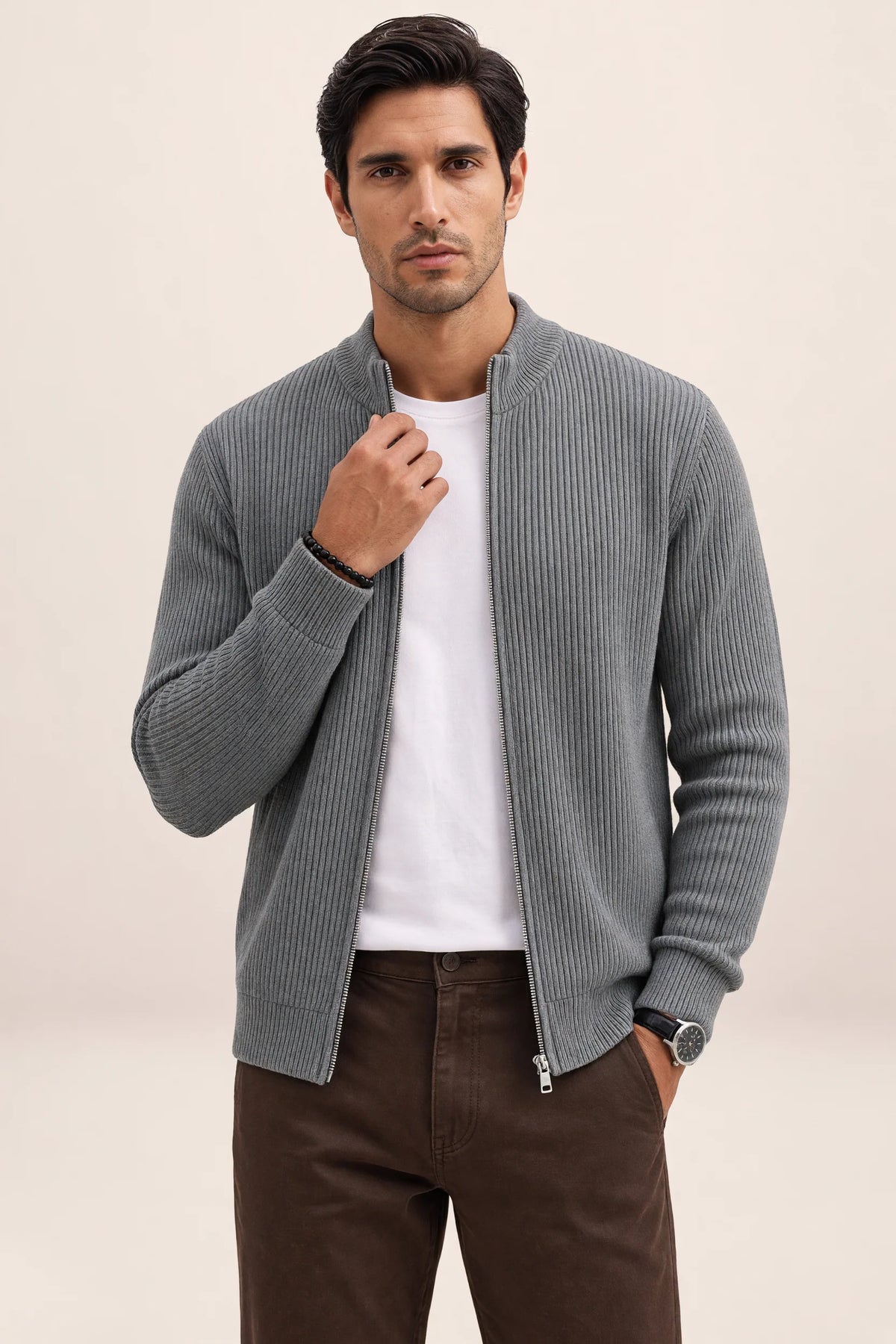 Men's Full Zip Knit Cardigan Sweater Ribbed Zip-Up Jacket