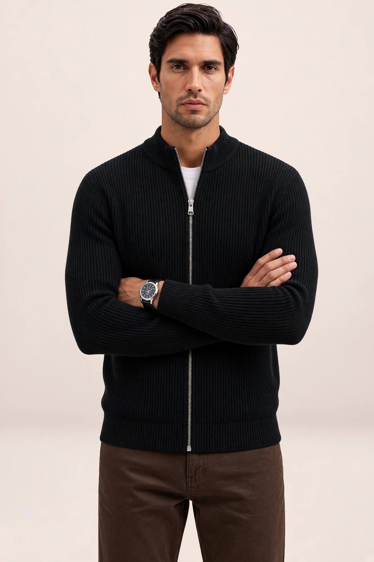 Men's Full Zip Knit Cardigan Sweater Ribbed Zip-Up Jacket
