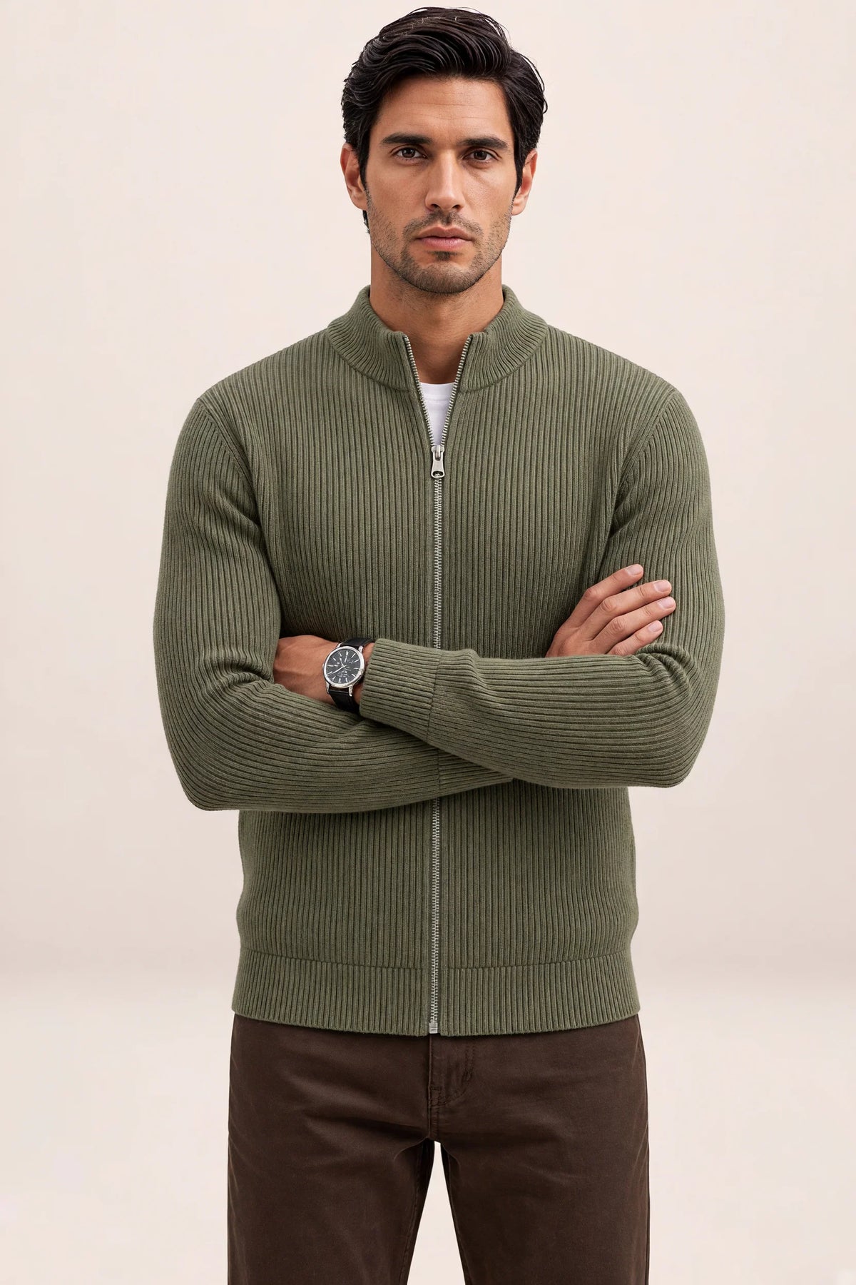 Men's Full Zip Knit Cardigan Sweater Ribbed Zip-Up Jacket