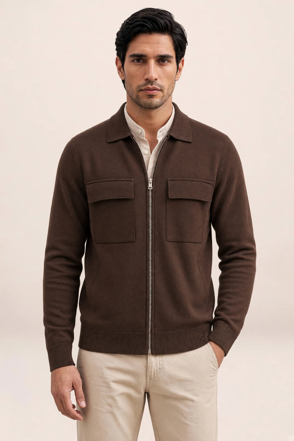 Men's Knit Jacket Full Zip Overshirt Smart Casual