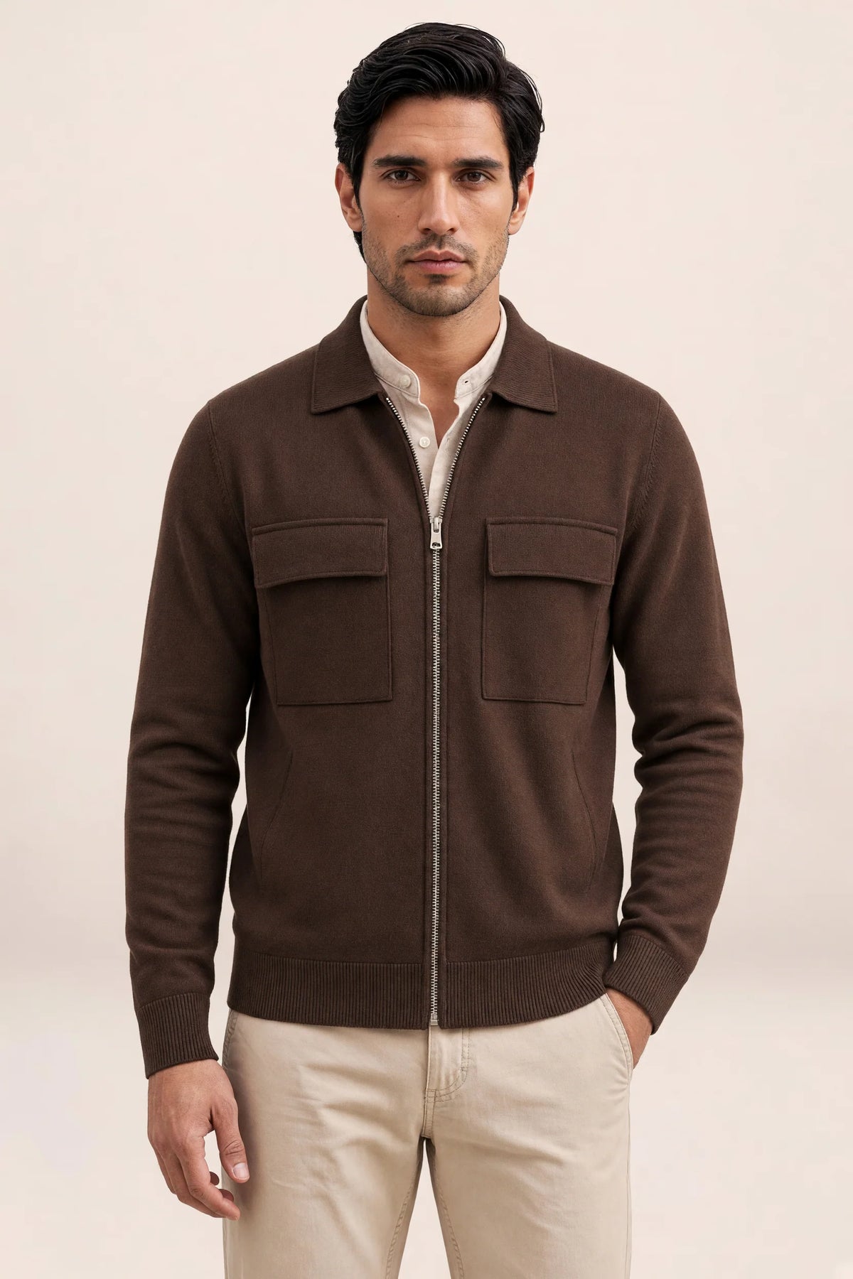Men's Knit Jacket Full Zip Overshirt Smart Casual