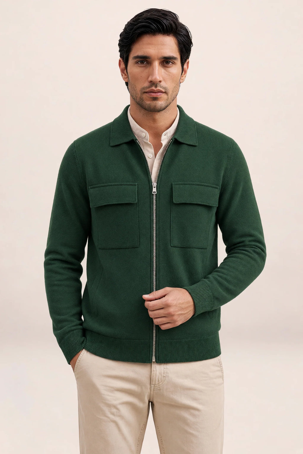 Men's Knit Jacket Full Zip Overshirt Smart Casual