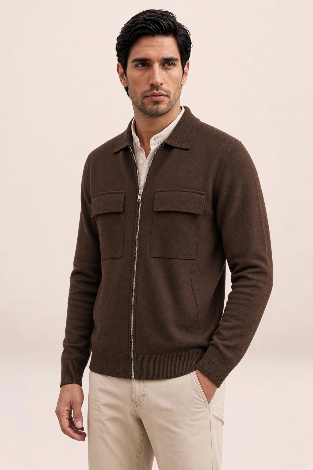 Men's Knit Jacket Full Zip Overshirt Smart Casual