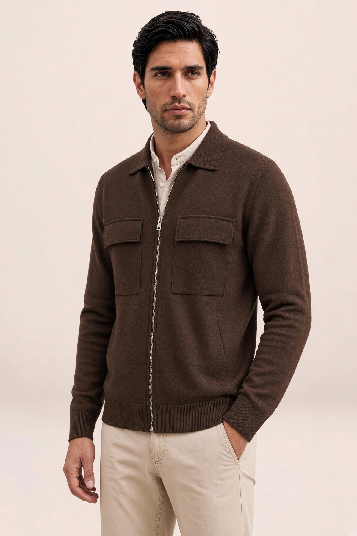Men's Knit Jacket Full Zip Overshirt Smart Casual