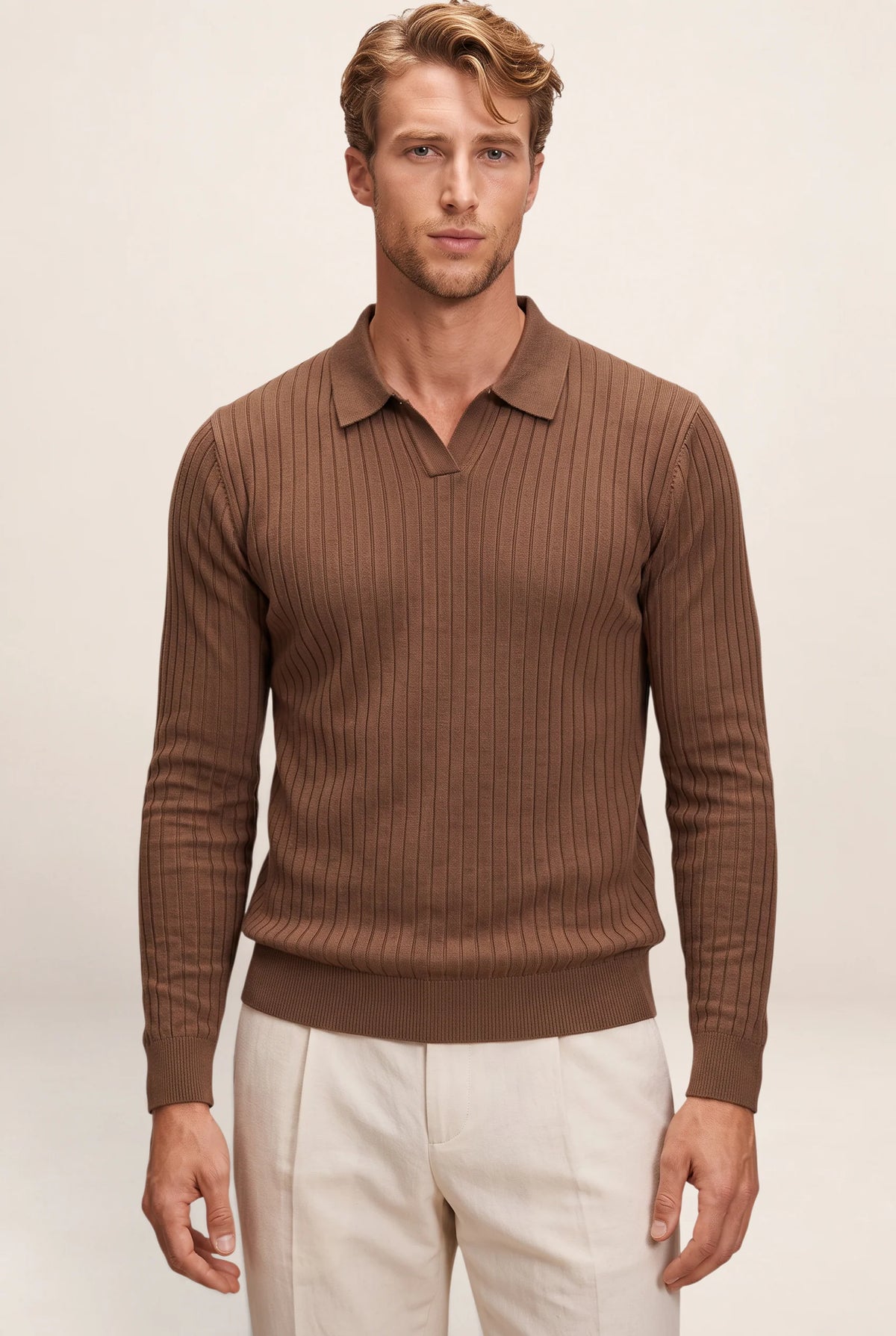 Men's Ribbed Knit Polo Sweater Smart Casual Pullover