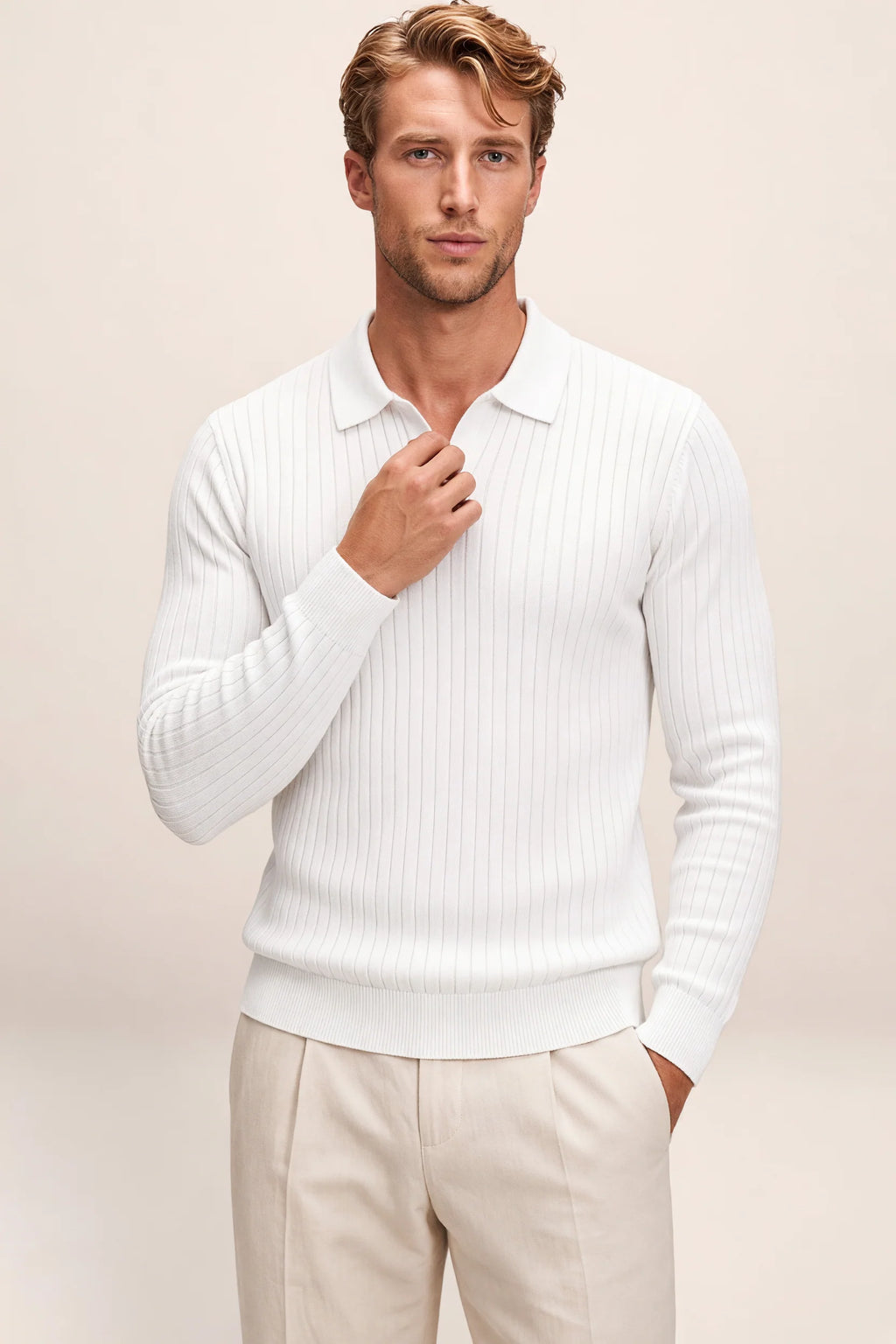 Men's Ribbed Knit Polo Sweater Smart Casual Pullover
