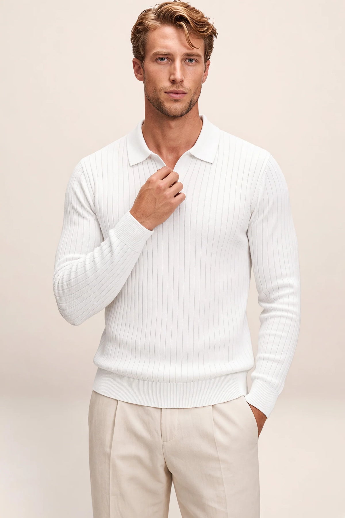 Men's Ribbed Knit Polo Sweater Smart Casual Pullover