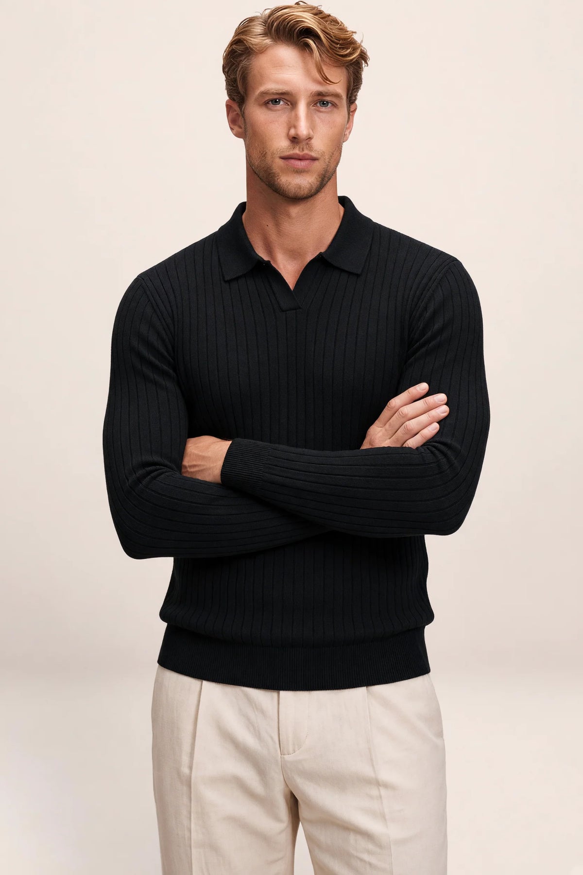 Men's Ribbed Knit Polo Sweater Smart Casual Pullover