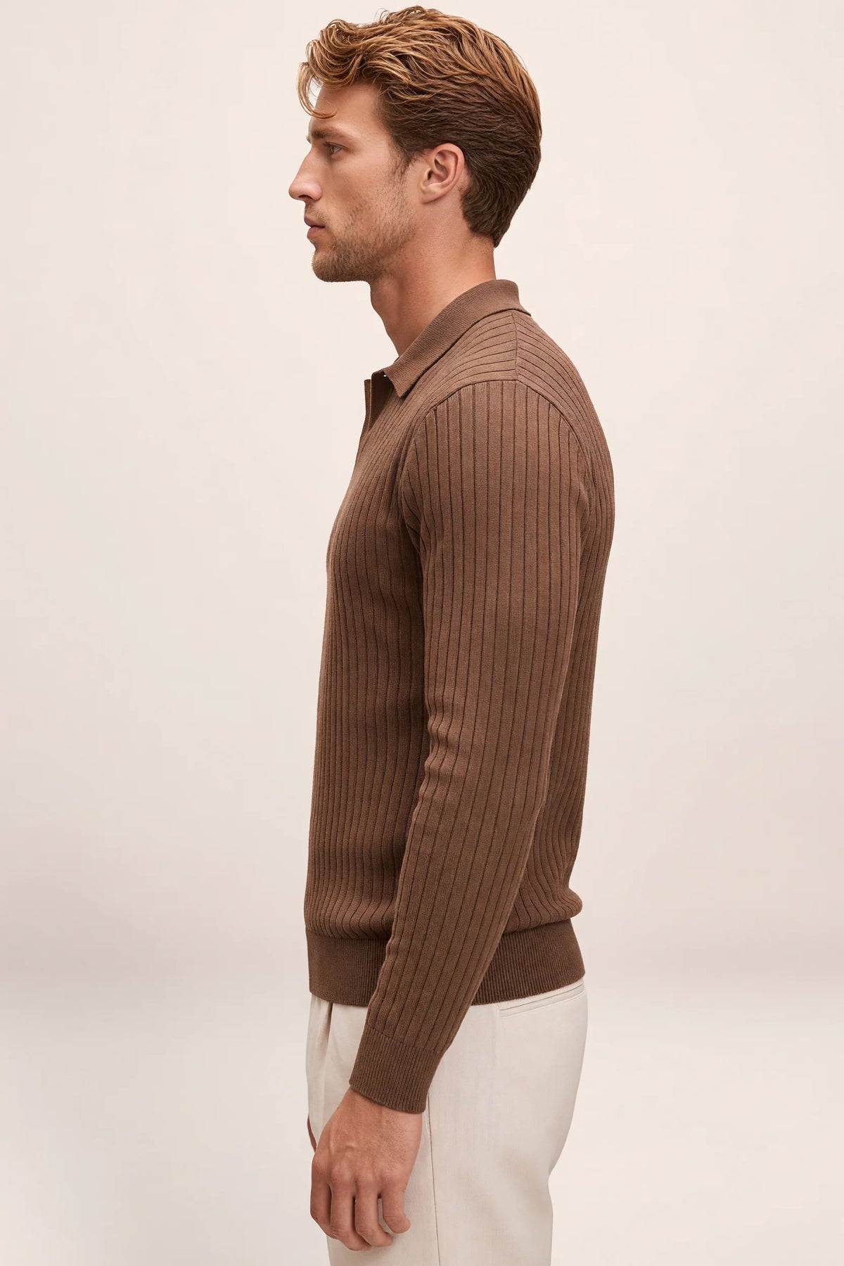 Men's Ribbed Knit Polo Sweater Smart Casual Pullover