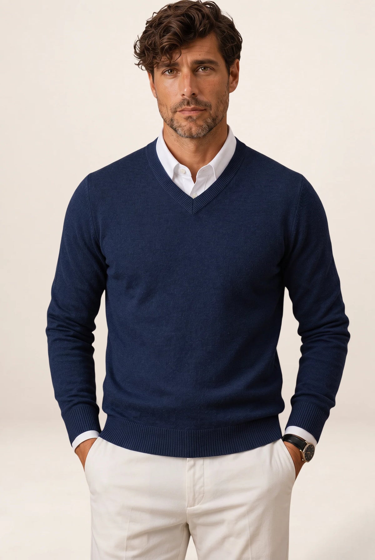 Men's V-Neck Knit Sweater - Casual Pullover