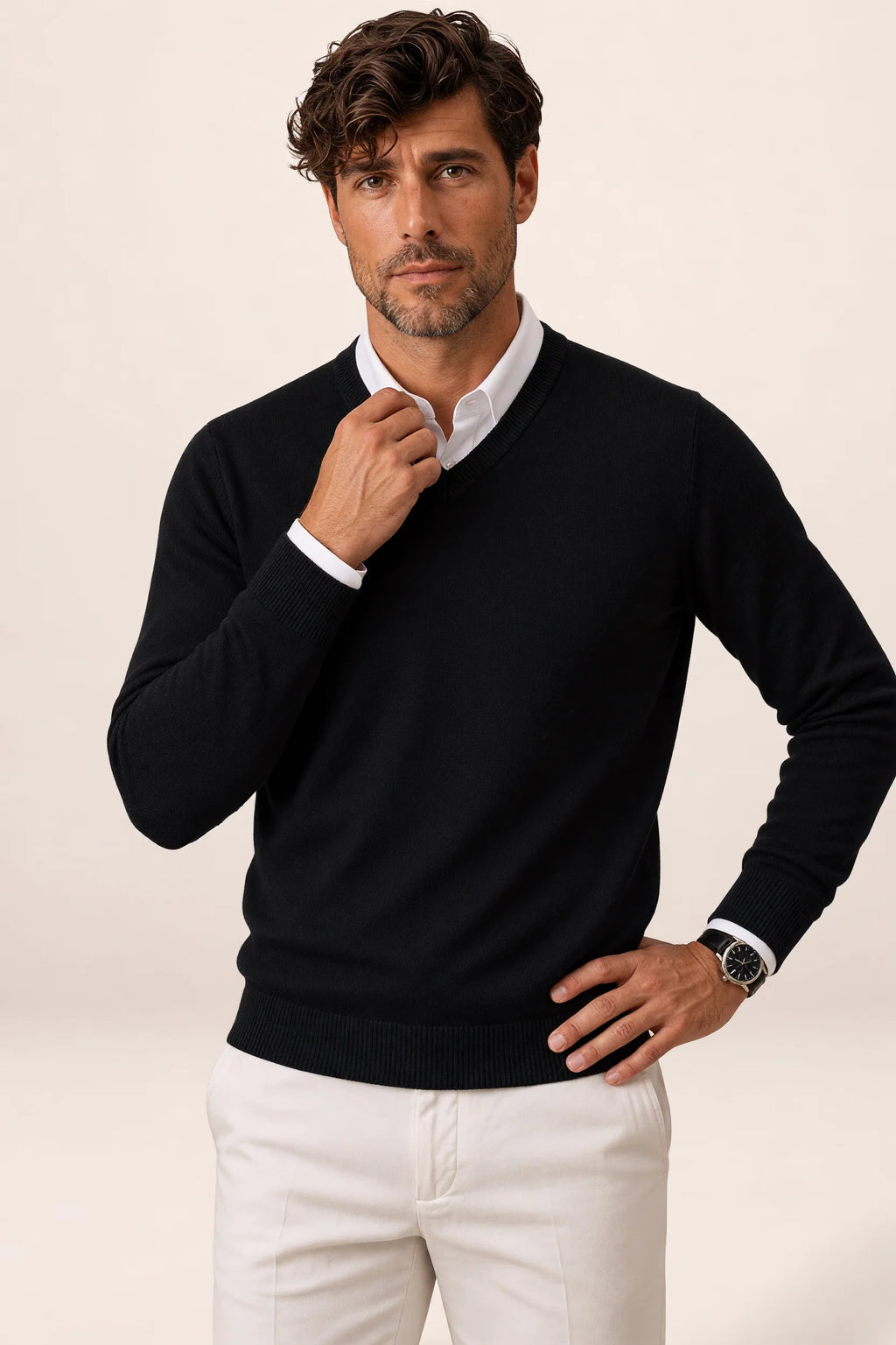 Men's V-Neck Knit Sweater - Casual Pullover