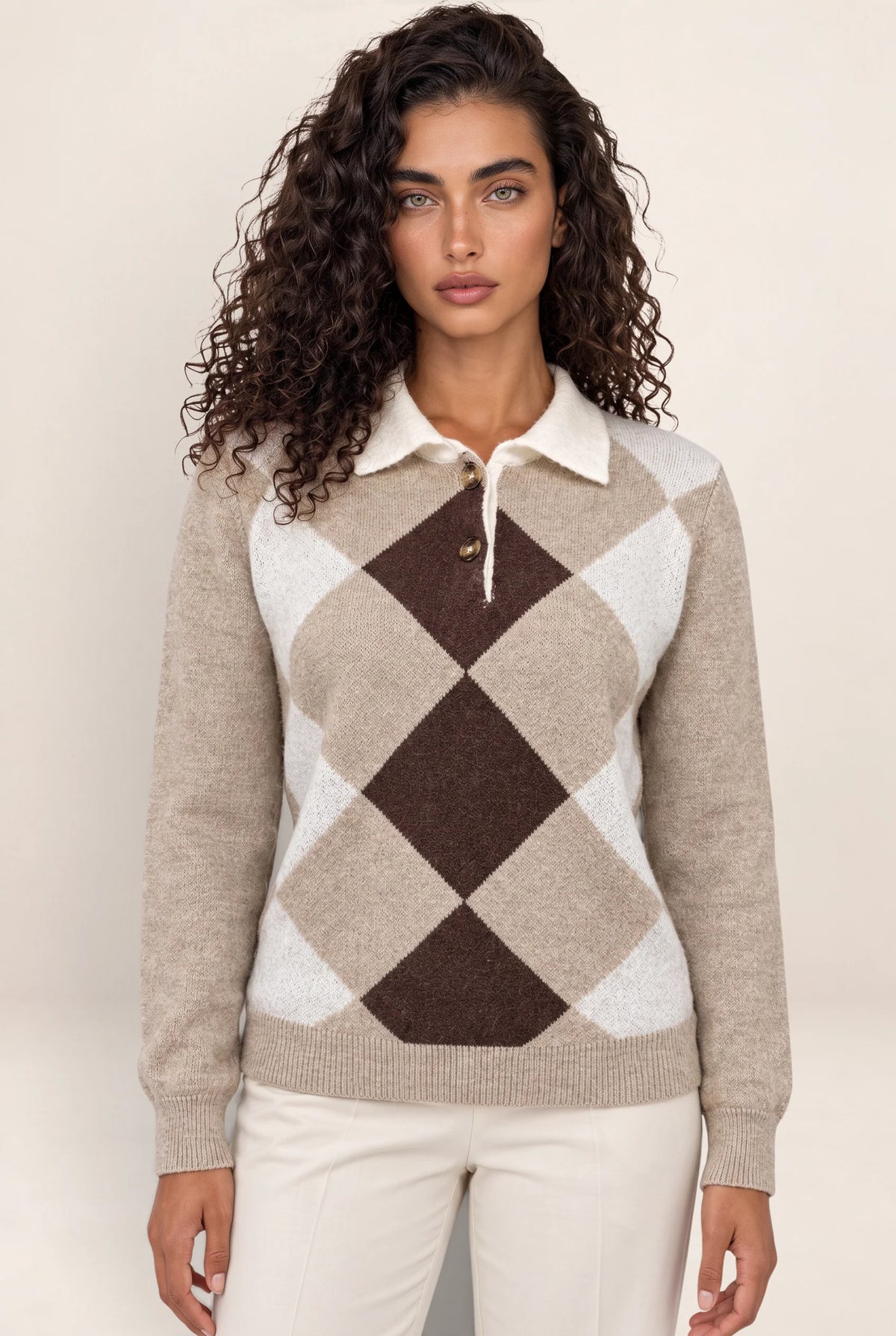 Women’s Argyle Collared Jumper – Button Neck Long Sleeve Knit Sweater