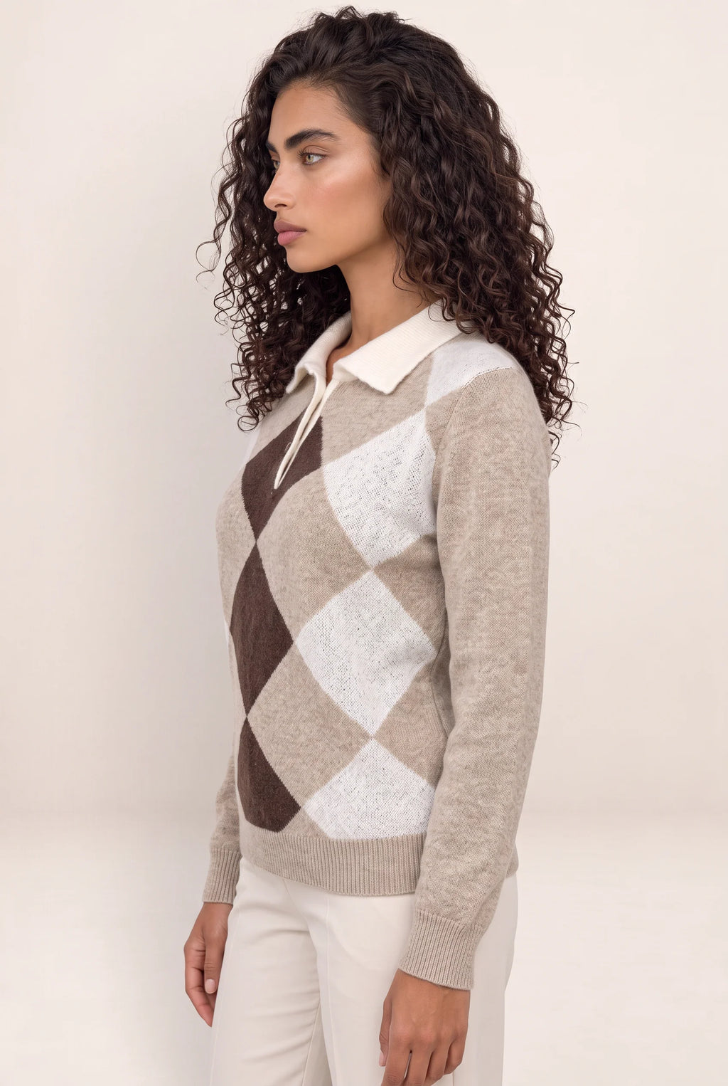 Women’s Argyle Collared Jumper – Button Neck Long Sleeve Knit Sweater
