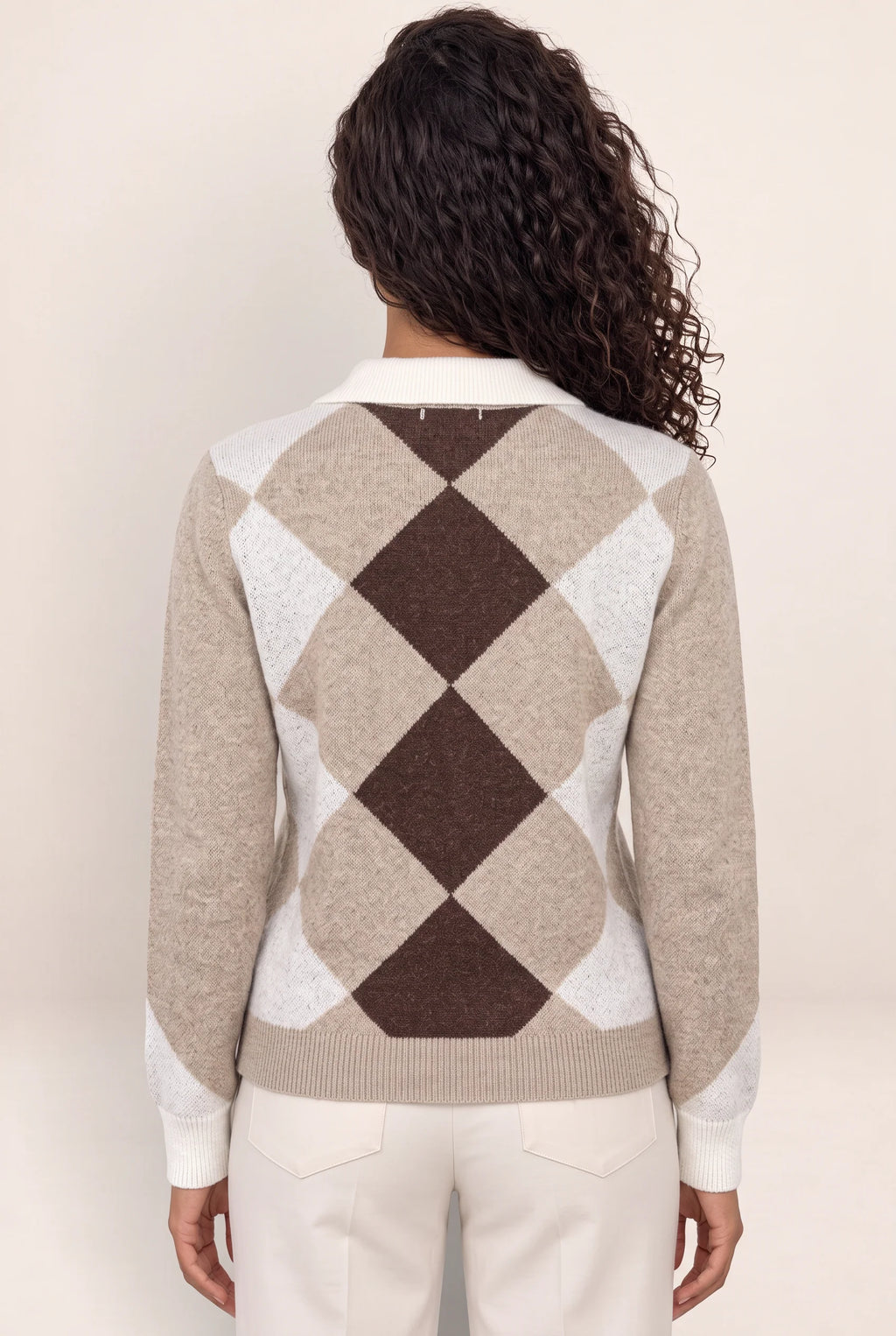 Women’s Argyle Collared Jumper – Button Neck Long Sleeve Knit Sweater