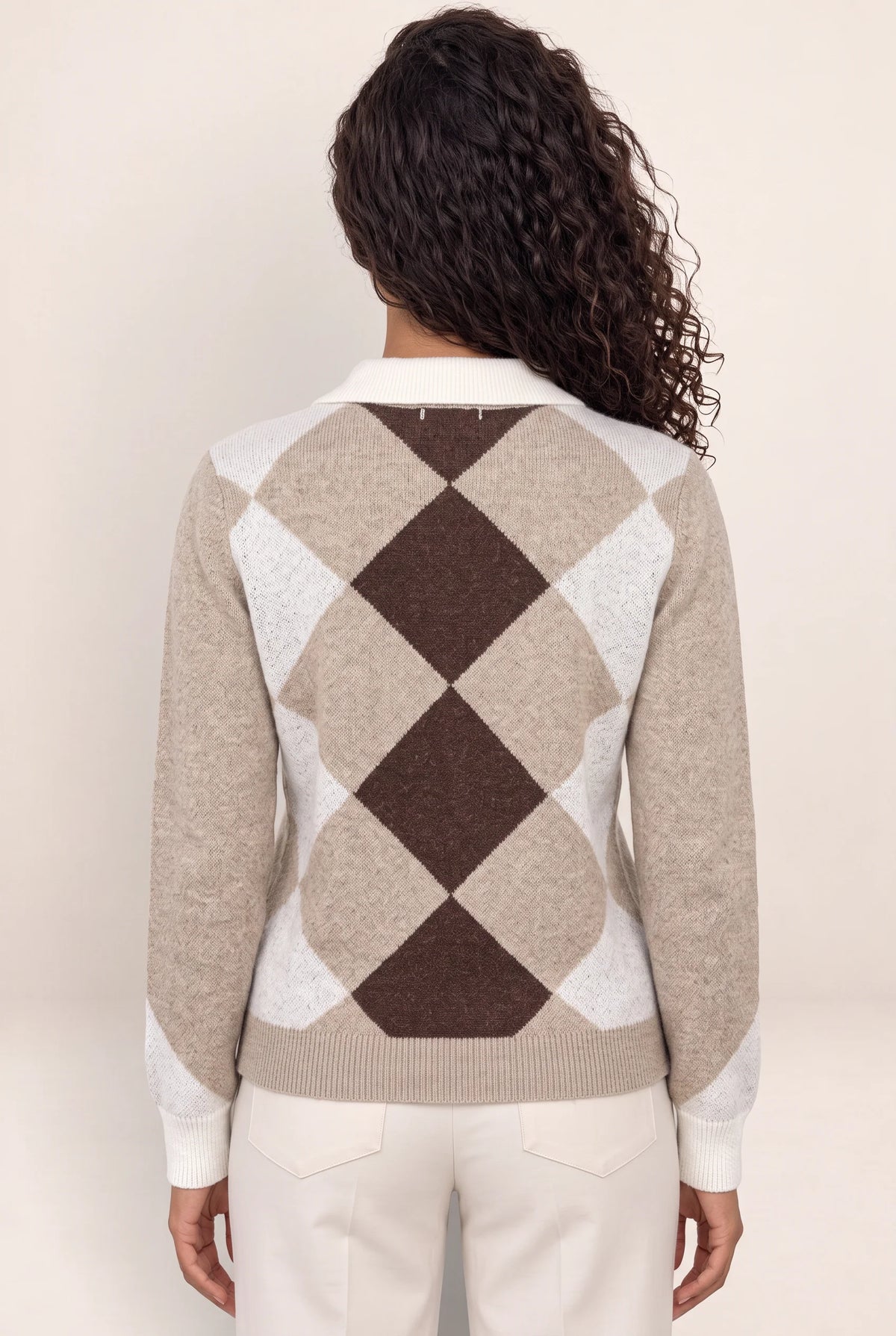 Women’s Argyle Collared Jumper – Button Neck Long Sleeve Knit Sweater