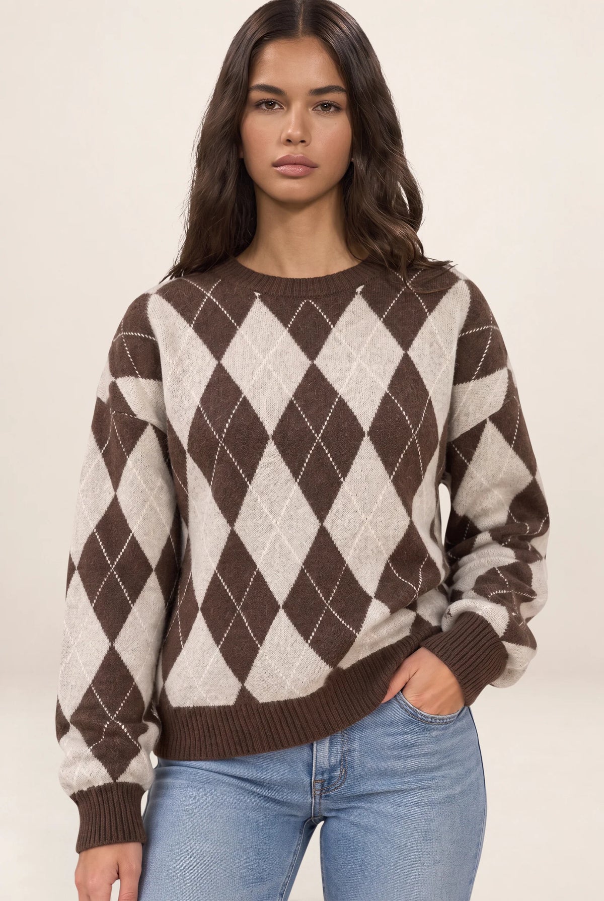 Women’s Argyle Knit Jumper – Crew Neck Long Sleeve Diamond Pattern Sweater