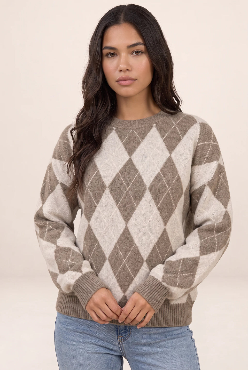 Women’s Argyle Knit Jumper – Crew Neck Long Sleeve Diamond Pattern Sweater