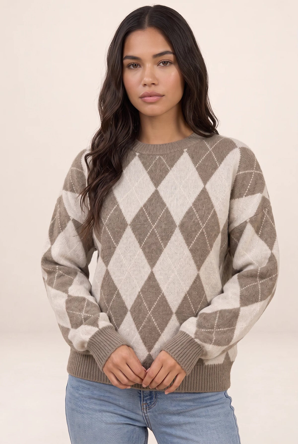 Women’s Argyle Knit Jumper – Crew Neck Long Sleeve Diamond Pattern Sweater